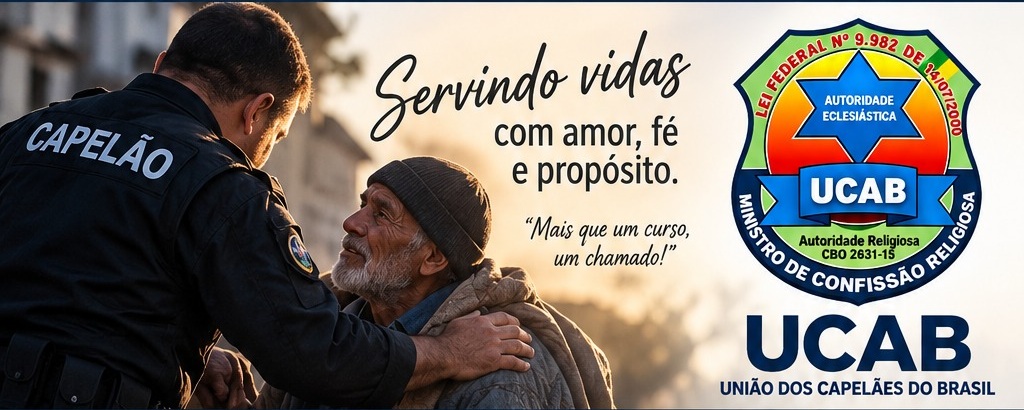 UCAB — imagem de compaixão entre um capelão e uma pessoa assistida, com a logomarca da UCAB à direita