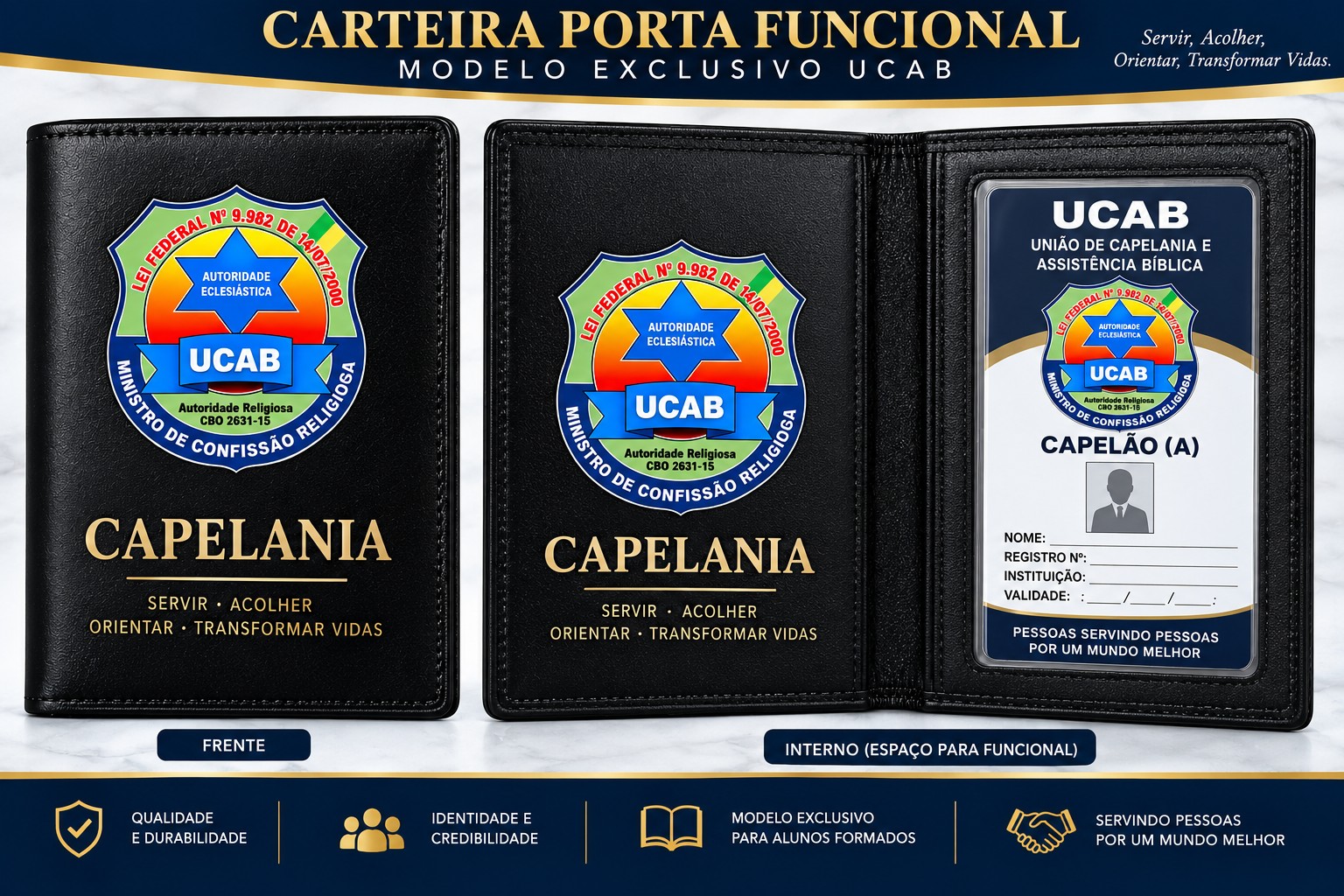Modelo de carteira porta funcional UCAB, preta, com brasão na frente e espaço interno para funcional